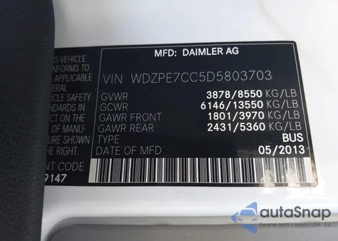 2013 Mercedes-Benz Sprinter 2500 Normal Roof z USA, uszkodzony, nr VIN WDZPE7CC5D5803703